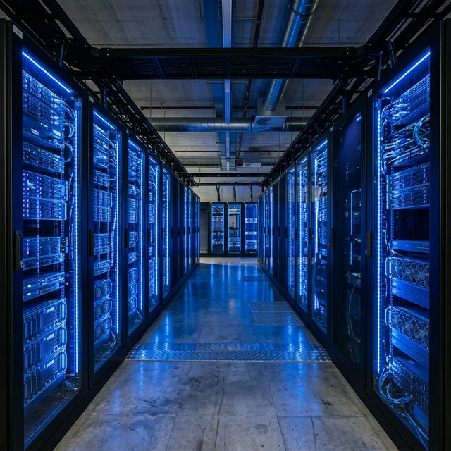 Modern server room with blue LED lighting and rack servers for a leading technology company