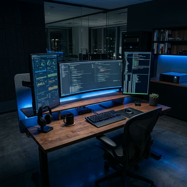 Clean modern tech office workspace with multiple monitors displaying code and data dashboards